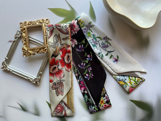 Flower Butterfly Printed Skinny Scarf | Bag Handle | Bag Charm | Hair Ribbon Headband | Neck Scarf