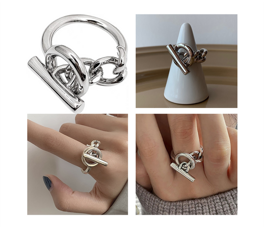 OT Buckle Ring, OT Clasp Design Ring Silver color - Adjustable Size Ring