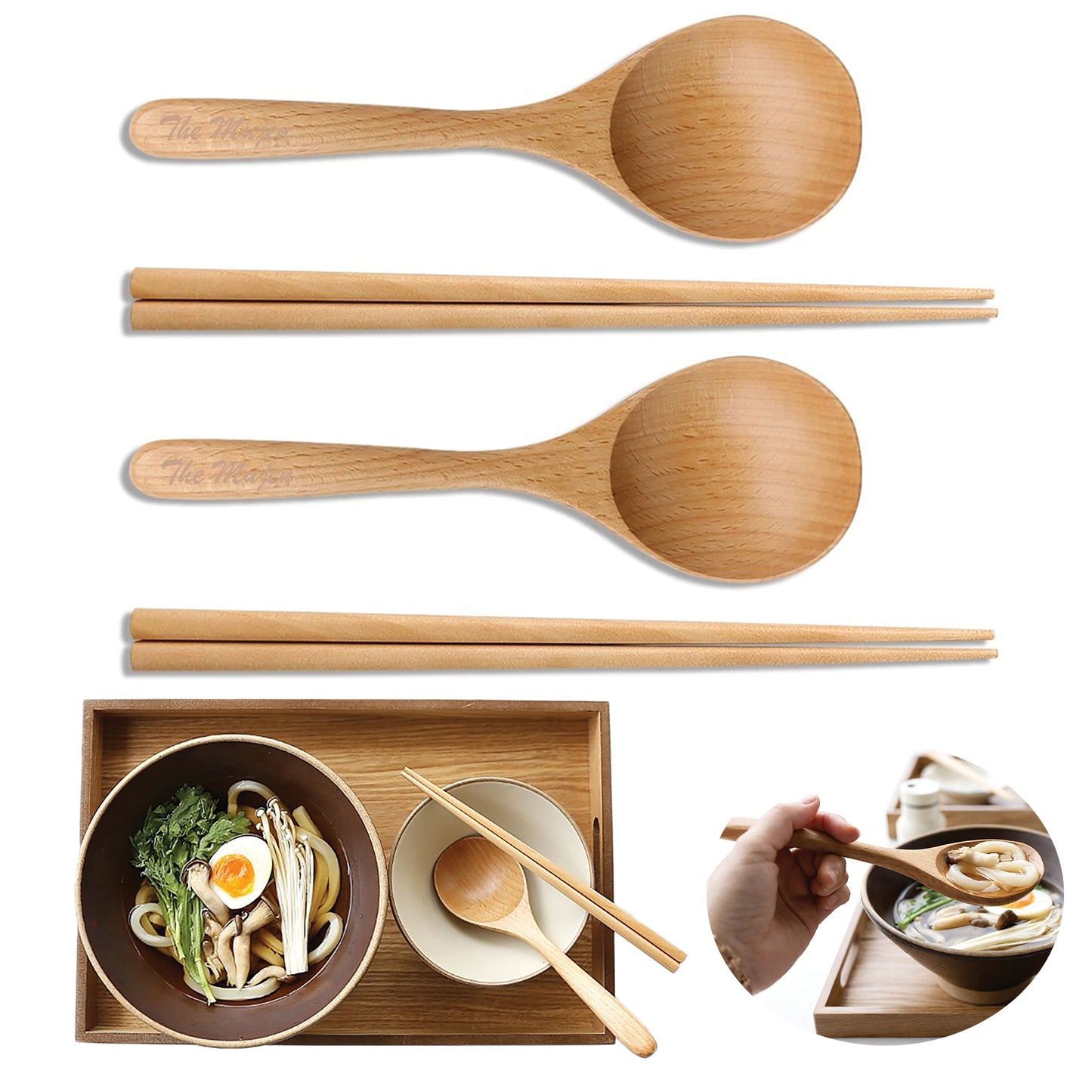 Korean Mukbang Spoon Chopsticks 2 Set Wood Ramen Udon 먹방 스푼 대왕 수저 | Extra Large Spoon and Chopsticks Set, Natural Wood Utensil 2 Set Korean Japanese Tableware 먹방 점보 수저 젓가락 국자