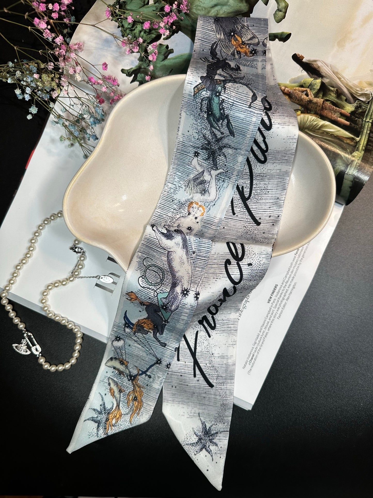 Sea Flower Printed Skinny Scarf | Bag Handle | Bag Charm | Hair Ribbon Headband | Neck Scarf