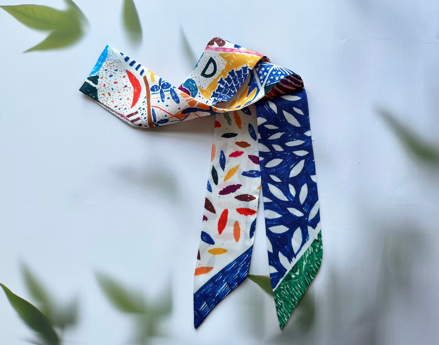 Leaves Printed Skinny Scarf | Bag Handle | Bag Charm | Hair Ribbon Headband | Neck Scarf