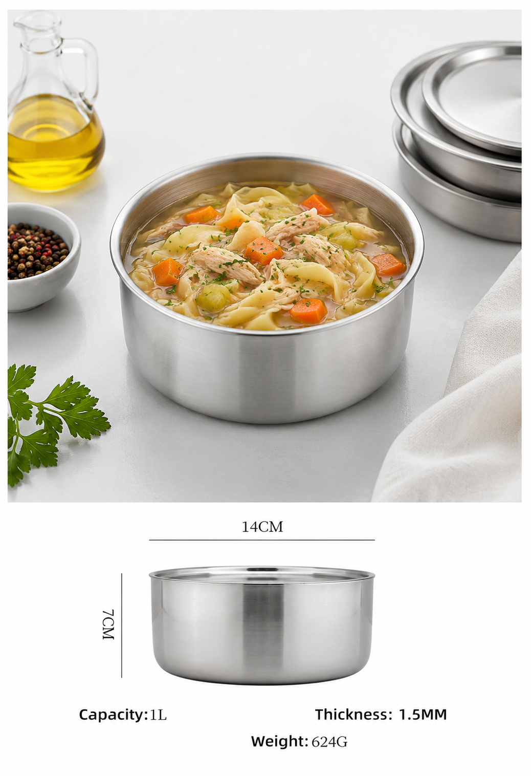 Korean Style Stainless Steel Food Storage Container Set 3 (400ml-1L) | Korean Style Canisters (400ml, 700ml, 1L) Heavy Lids Easy Clean No-Gasket No-Latch for Refrigerator, Cooking 스테인레스 캐니스터 세트 3P