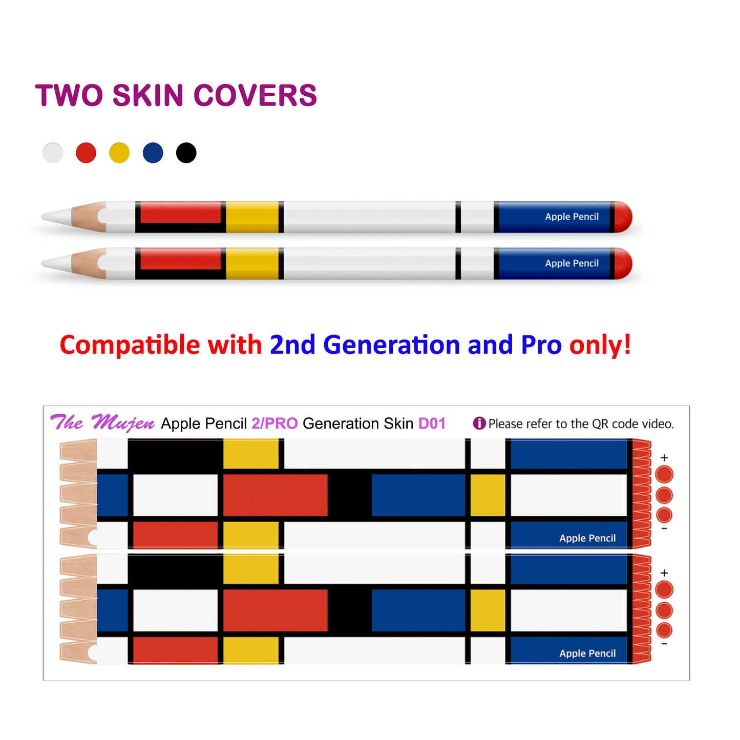 Apple Pencil Skin 2 Pack Ultra Thin 3M Vinyl Cover for Pro & 2nd Gen | Premium Vinyl Greenguard Gold Ink Full wrap Cover Case