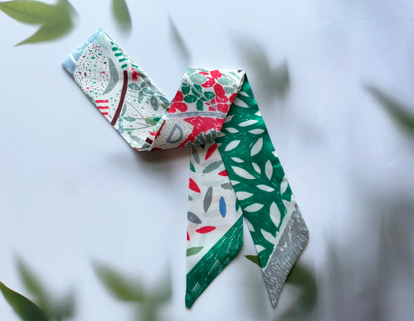 Leaves Printed Skinny Scarf | Bag Handle | Bag Charm | Hair Ribbon Headband | Neck Scarf