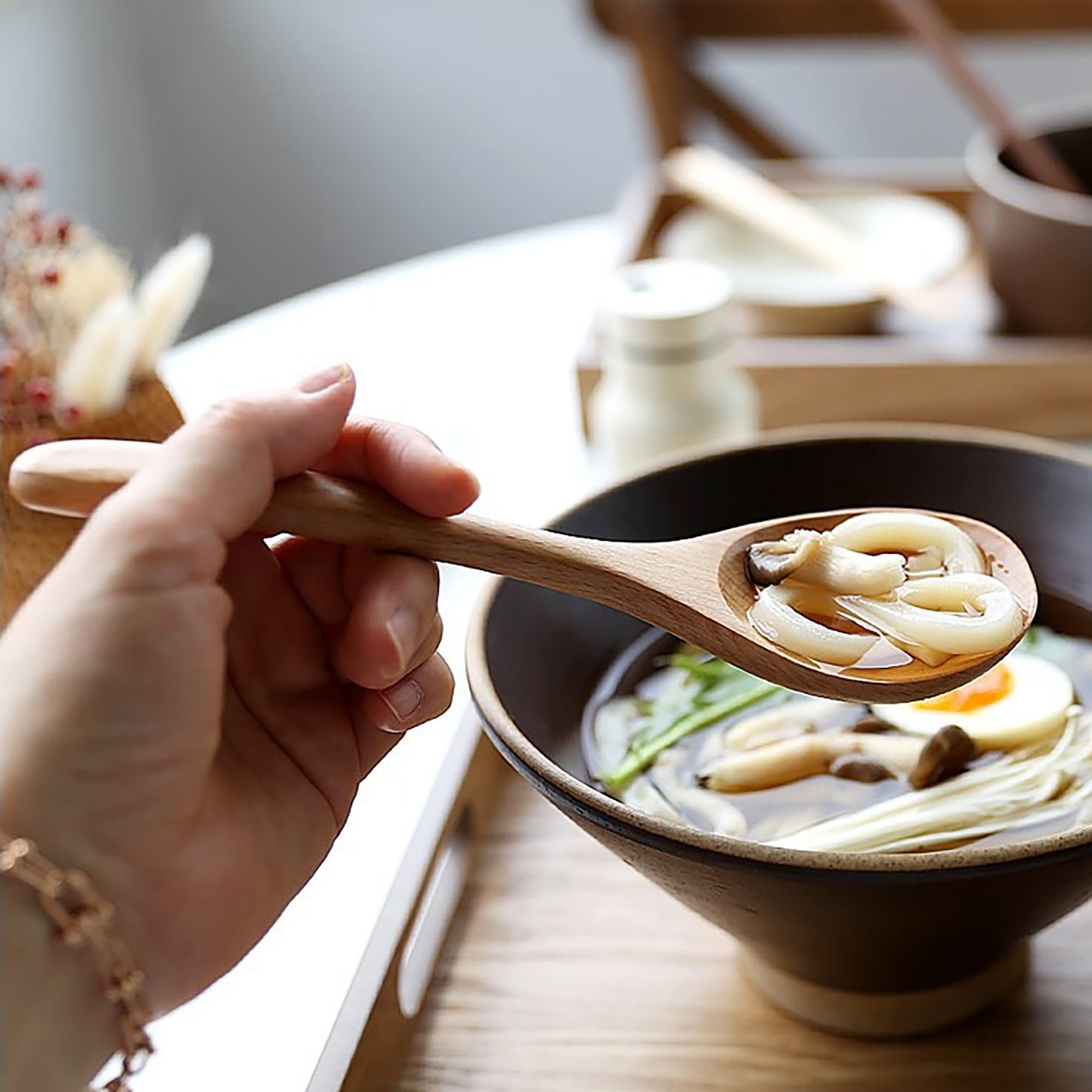 Korean Mukbang Spoon Chopsticks 2 Set Wood Ramen Udon 먹방 스푼 대왕 수저 | Extra Large Spoon and Chopsticks Set, Natural Wood Utensil 2 Set Korean Japanese Tableware 먹방 점보 수저 젓가락 국자