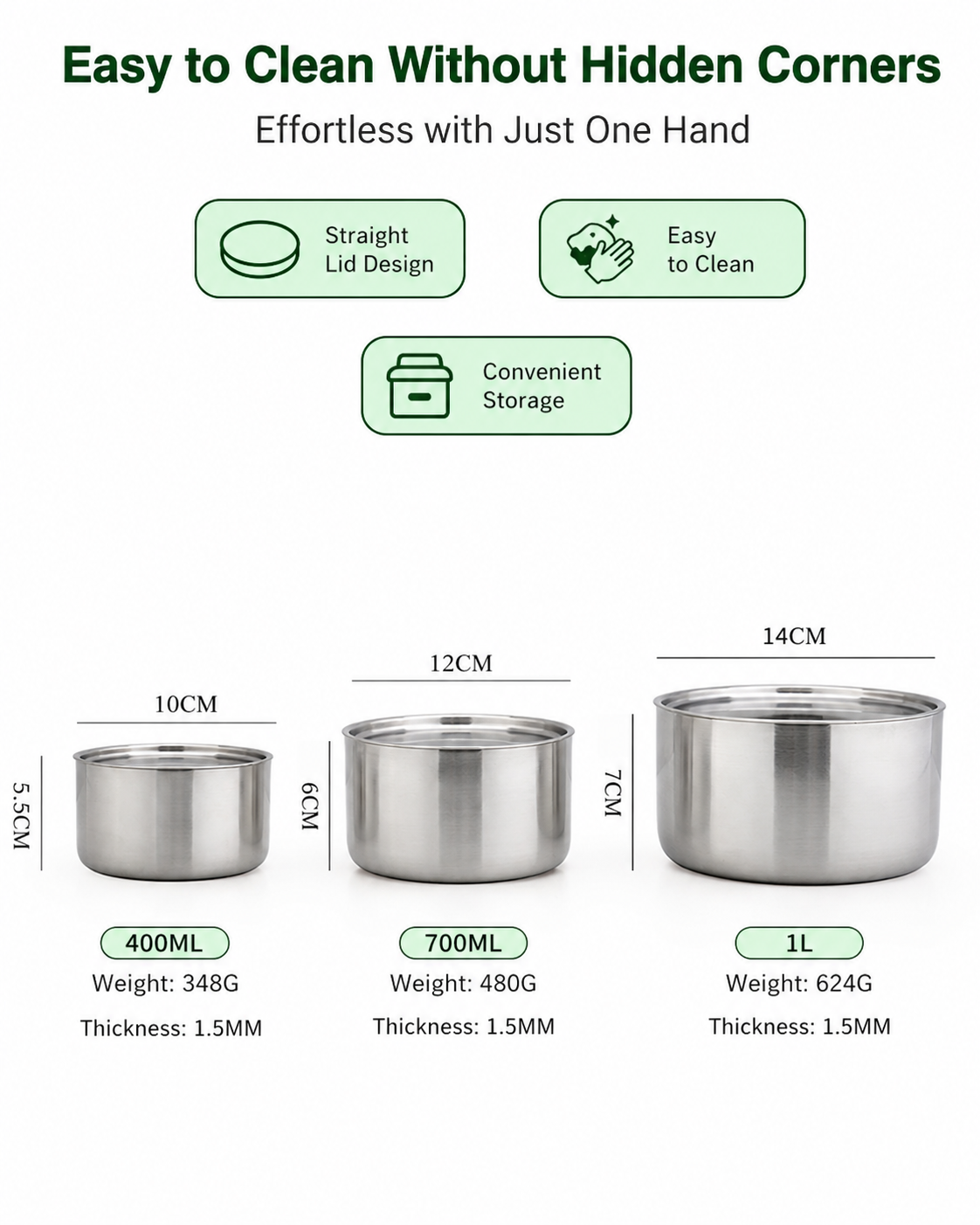 Korean Style Stainless Steel Food Storage Container Set 3 (400ml-1L) | Korean Style Canisters (400ml, 700ml, 1L) Heavy Lids Easy Clean No-Gasket No-Latch for Refrigerator, Cooking 스테인레스 캐니스터 세트 3P