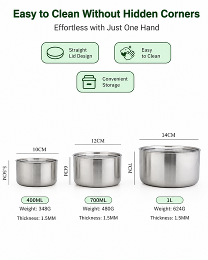 Korean Style Stainless Steel Food Storage Container Set 3 (400ml-1L) | Korean Style Canisters (400ml, 700ml, 1L) Heavy Lids Easy Clean No-Gasket No-Latch for Refrigerator, Cooking 스테인레스 캐니스터 세트 3P
