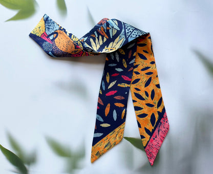 Leaves Printed Skinny Scarf | Bag Handle | Bag Charm | Hair Ribbon Headband | Neck Scarf