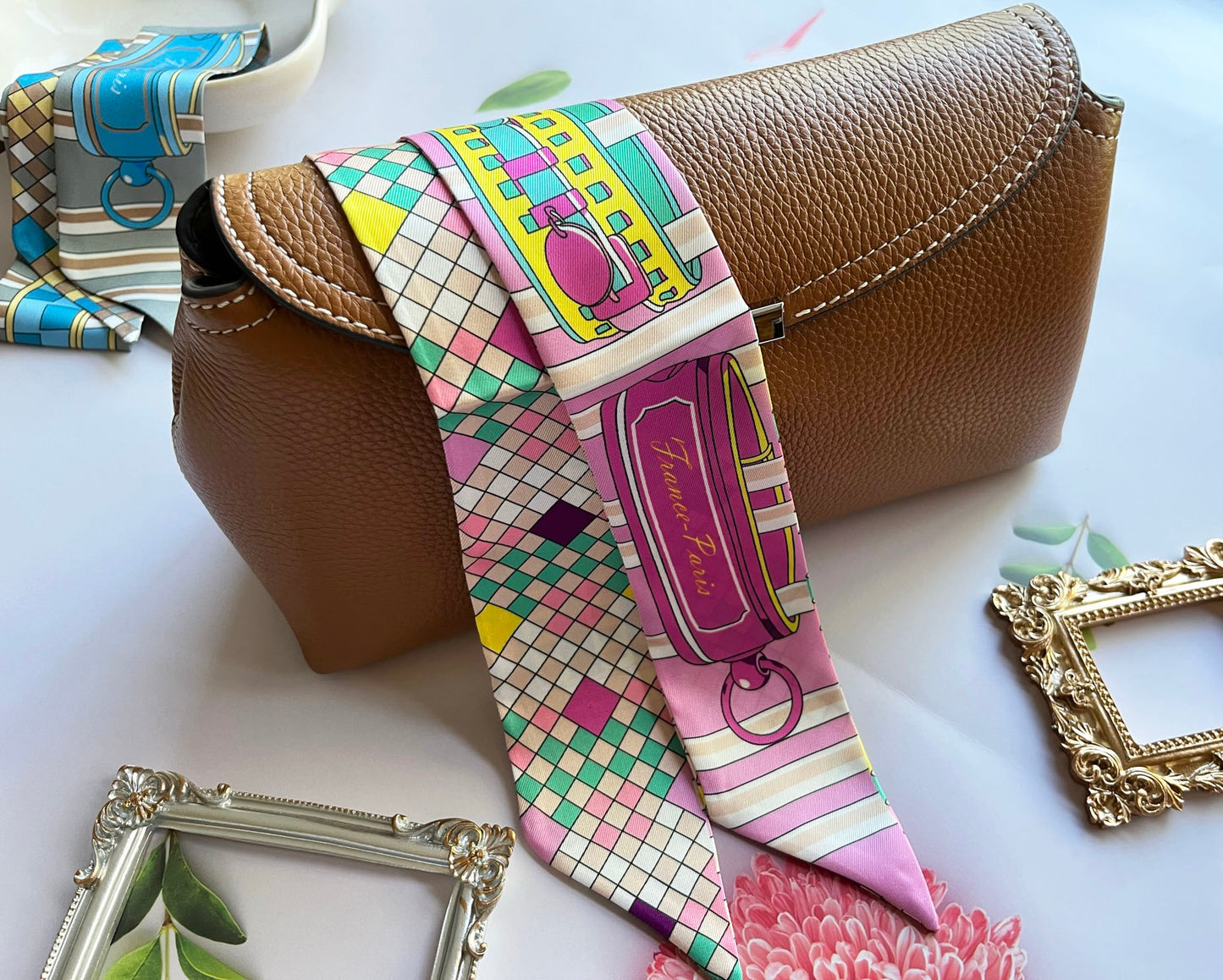 Ring Printed Check Pattern Skinny Scarf | Bag Handle | Bag Charm | Hair Ribbon Headband | Neck Scarf