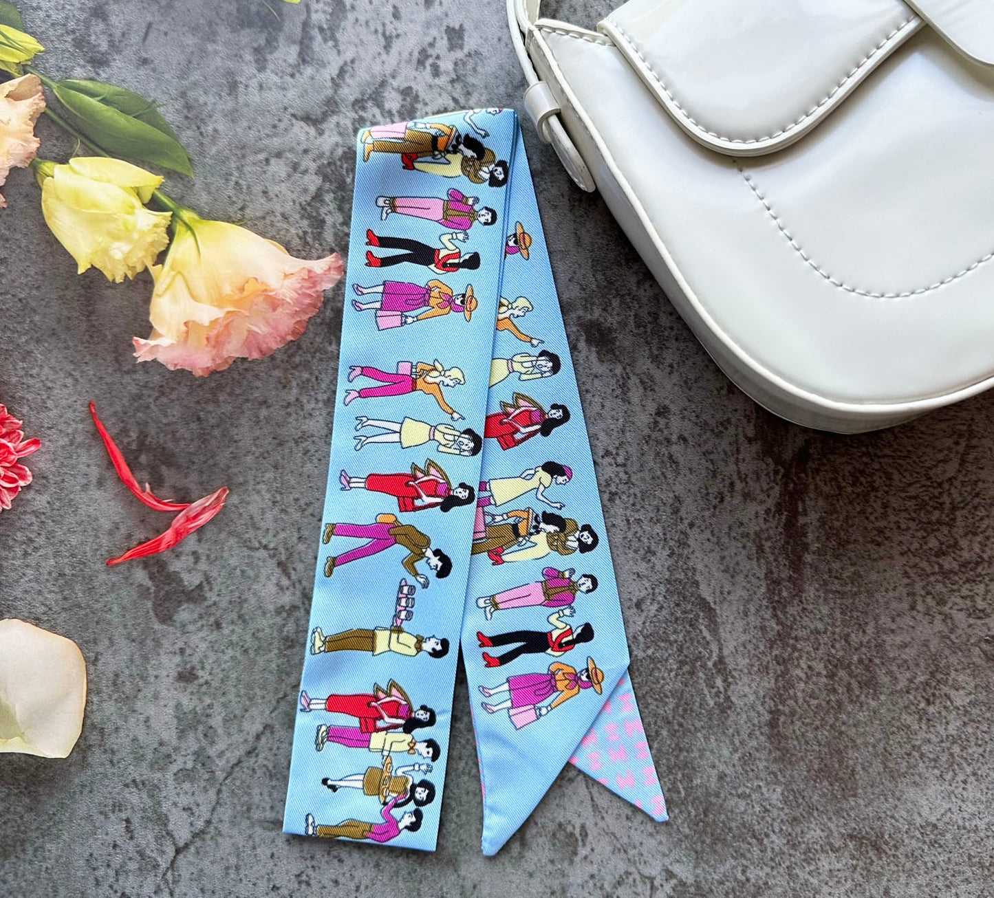 People Printed Skinny Scarf | Bag Handle | Bag Charm | Hair Ribbon Headband | Neck Scarf