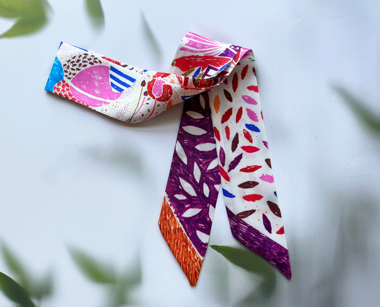 Leaves Printed Skinny Scarf | Bag Handle | Bag Charm | Hair Ribbon Headband | Neck Scarf