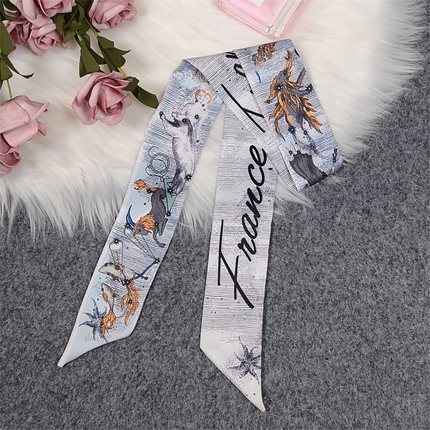 Sea Flower Printed Skinny Scarf | Bag Handle | Bag Charm | Hair Ribbon Headband | Neck Scarf