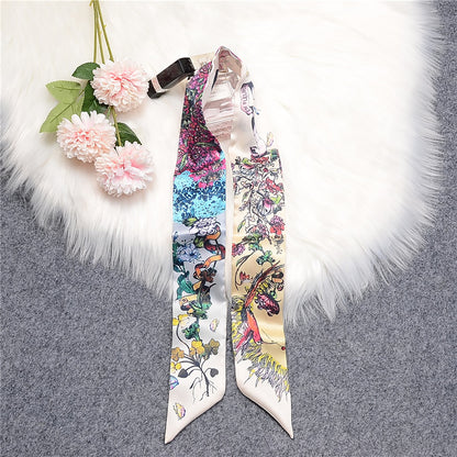 Sea Flower Printed Skinny Scarf | Bag Handle | Bag Charm | Hair Ribbon Headband | Neck Scarf