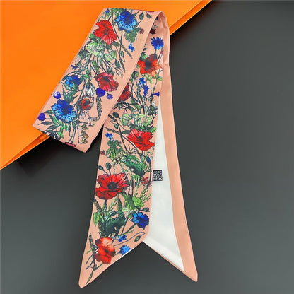 Flower Printed Skinny Scarf | Bag Handle | Bag Charm | Hair Ribbon Headband | Neck Scarf