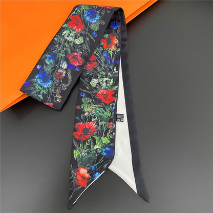 Flower Printed Skinny Scarf | Bag Handle | Bag Charm | Hair Ribbon Headband | Neck Scarf