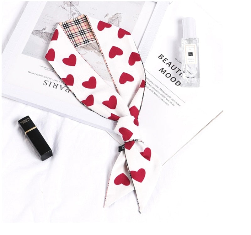 Cute Heart Printed Skinny Scarf | Bag Handle | Bag Accessories | Hair Ribbon Headband | Neck Scarf