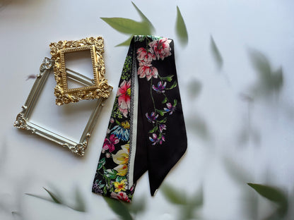 Flower Butterfly Printed Skinny Scarf | Bag Handle | Bag Charm | Hair Ribbon Headband | Neck Scarf