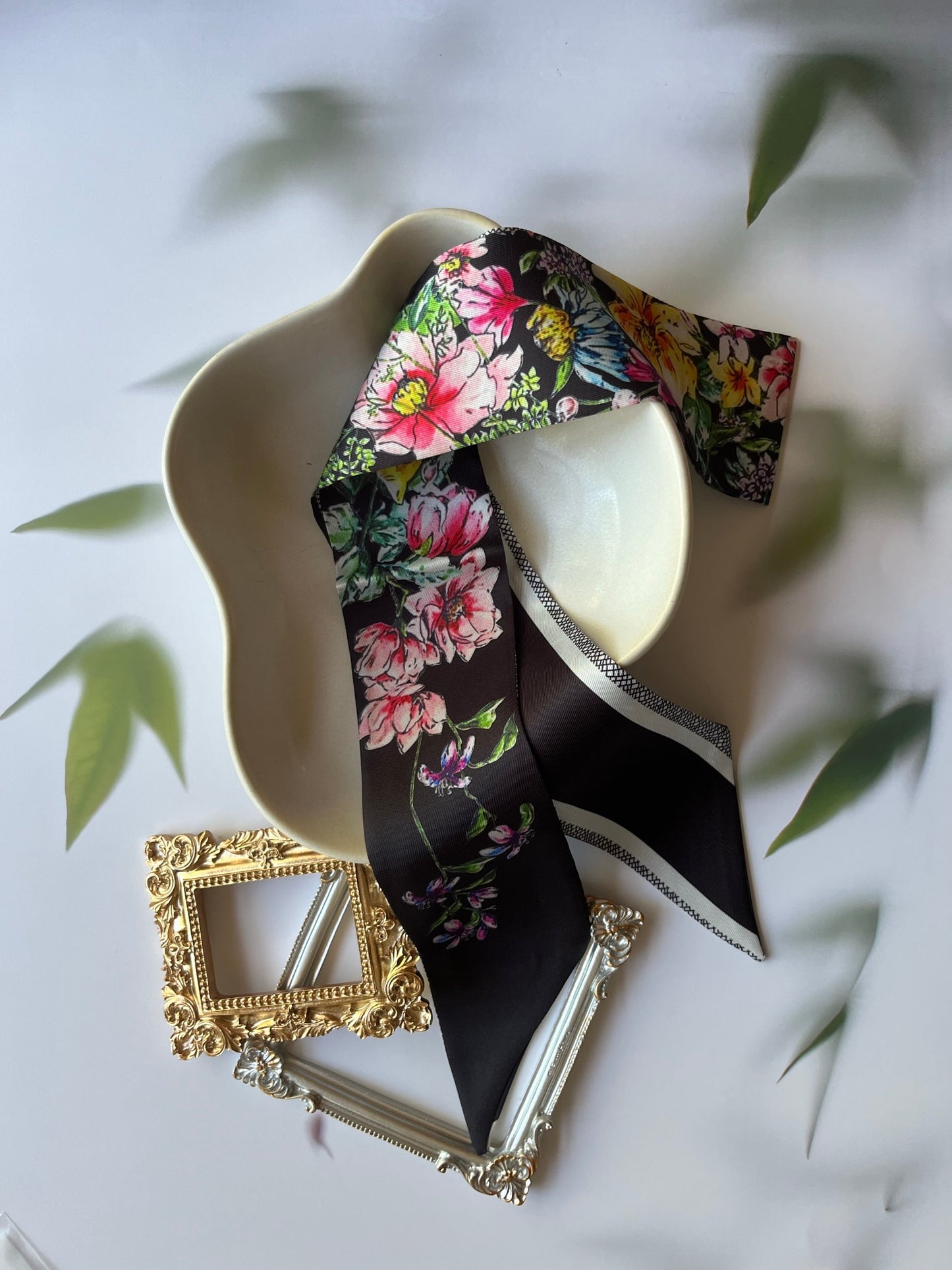 Flower Butterfly Printed Skinny Scarf | Bag Handle | Bag Charm | Hair Ribbon Headband | Neck Scarf