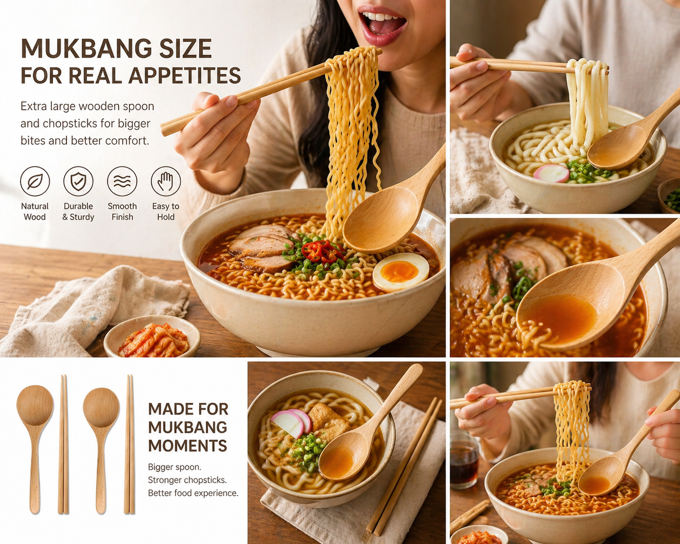 Korean Mukbang Spoon Chopsticks 2 Set Wood Ramen Udon 먹방 스푼 대왕 수저 | Extra Large Spoon and Chopsticks Set, Natural Wood Utensil 2 Set Korean Japanese Tableware 먹방 점보 수저 젓가락 국자