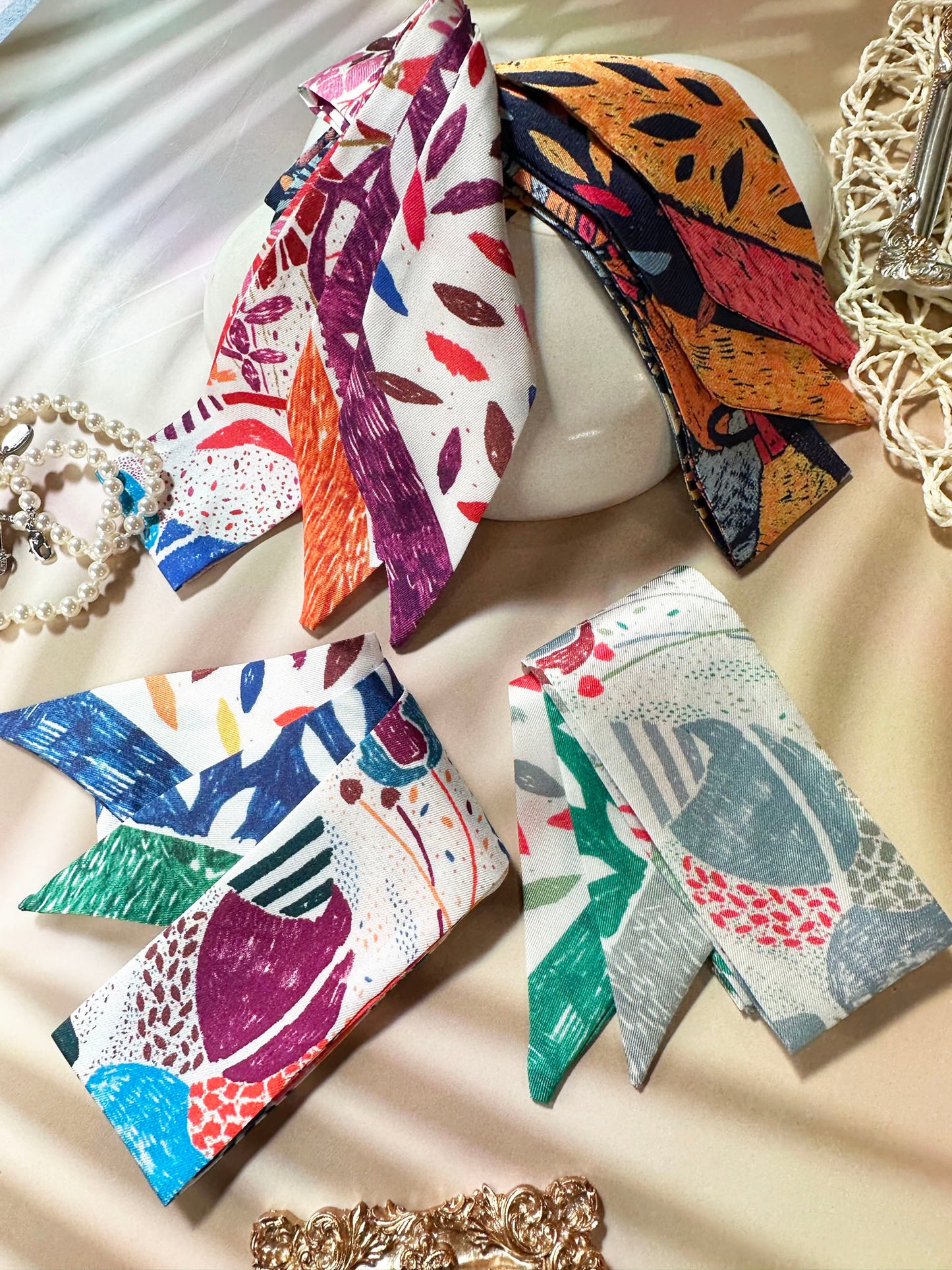 Leaves Printed Skinny Scarf | Bag Handle | Bag Charm | Hair Ribbon Headband | Neck Scarf